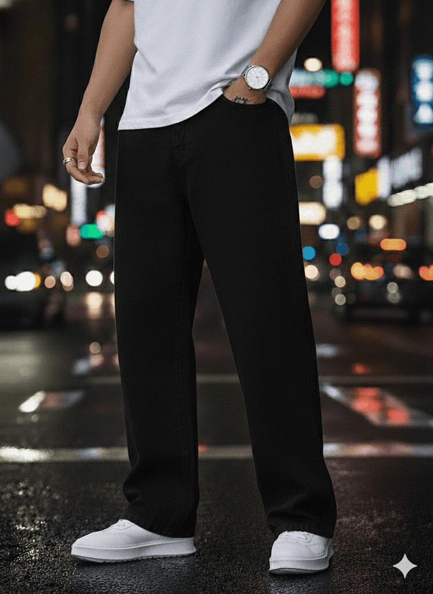 Men Loose Fit Mid Rise Black Jeans